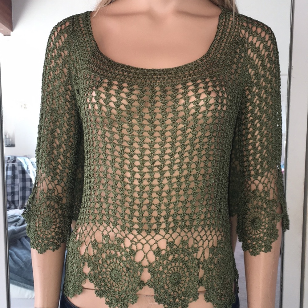 Very Pretty Olive Green Open Weave Crochet Top